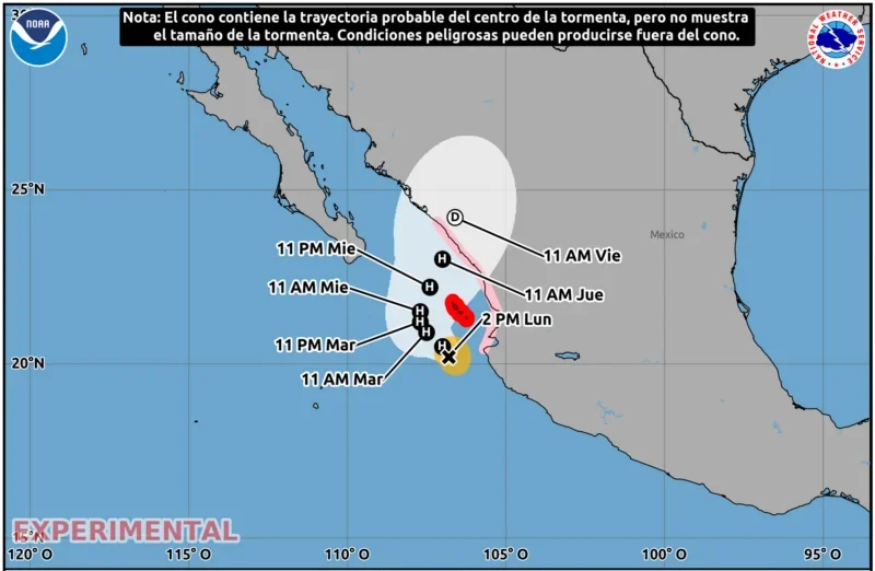 Mapa del NOAA con la trayectoria pronosticada del huracán Simon en el Pacífico, con curvatura hacia Sinaloa